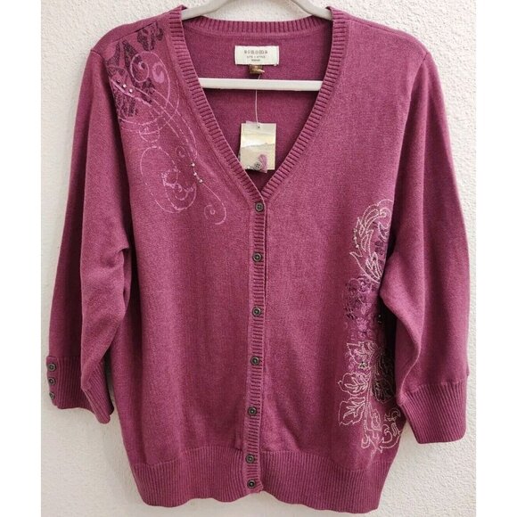 Sonoma Pink V-Neck Embroidered 3/4 Sleeve Button Up Sweater Cardigan sz 1X New - Picture 1 of 9